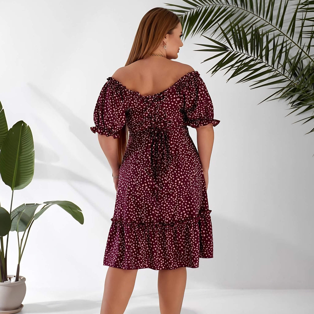 Plus size off-shoulder dress in bordeaux, three-quarter view — sharm