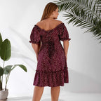 Plus size off-shoulder dress in bordeaux, three-quarter view — sharm