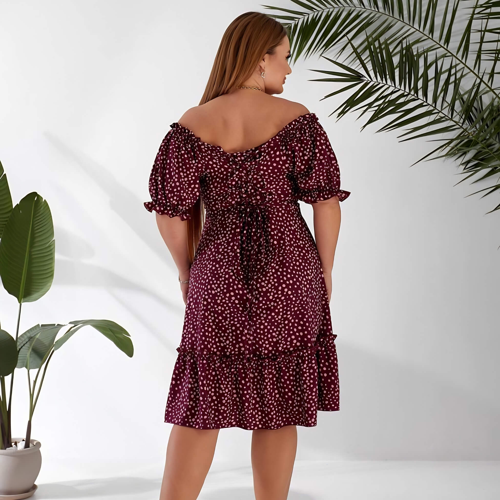 Plus size off-shoulder dress in bordeaux, three-quarter view — sharm
