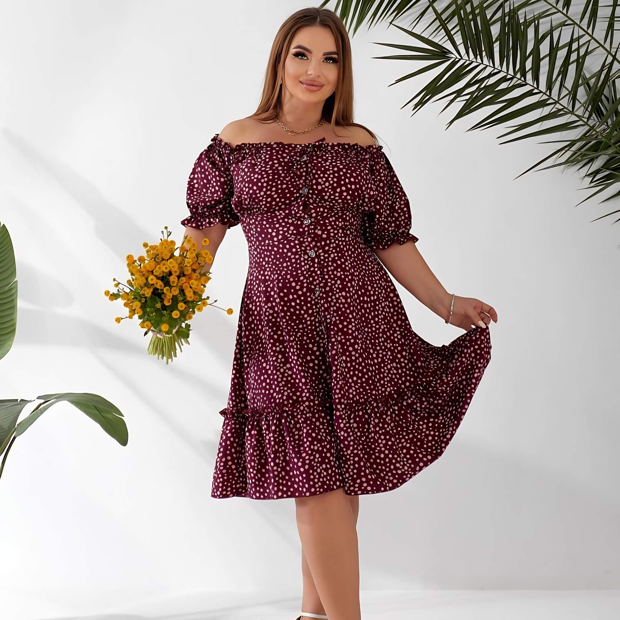 Plus size dress in bordeaux, model in natural light — sharm