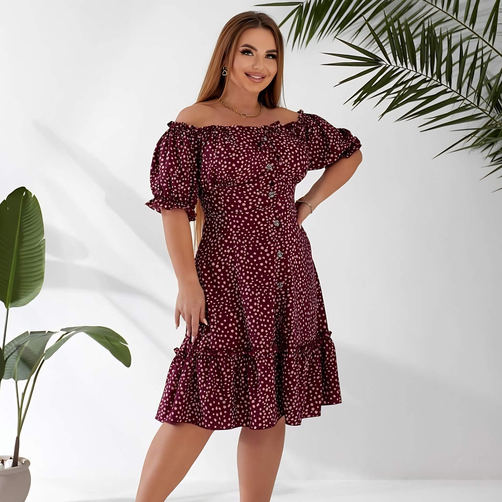Plus size off-shoulder dress in bordeaux, front view on model — sharm