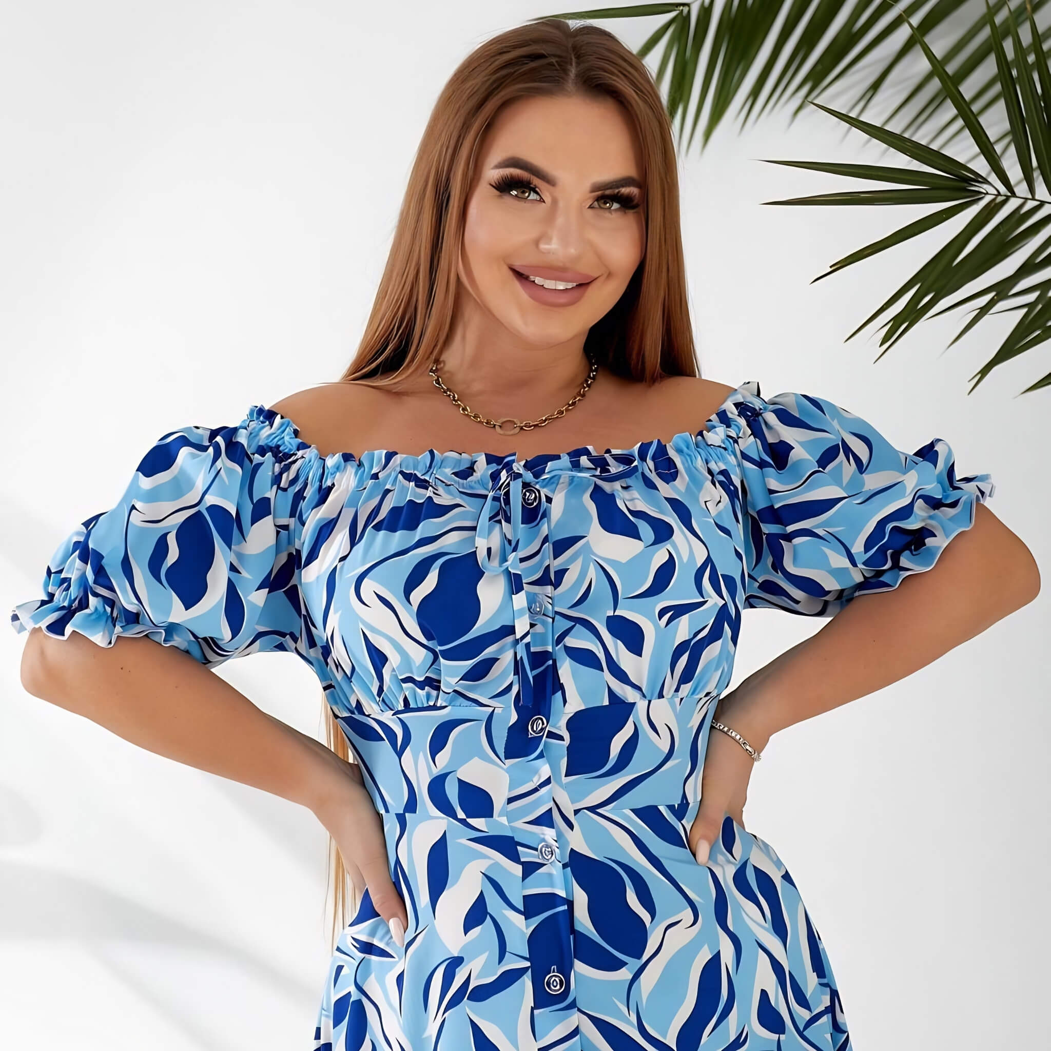 Plus size dress in blue print, back view with lacing detail — sharm