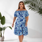 Plus size off-shoulder dress in blue print, front view on model — sharm