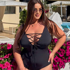 Plus size swimsuit lace-up plunge neckline detail close-up — sharm