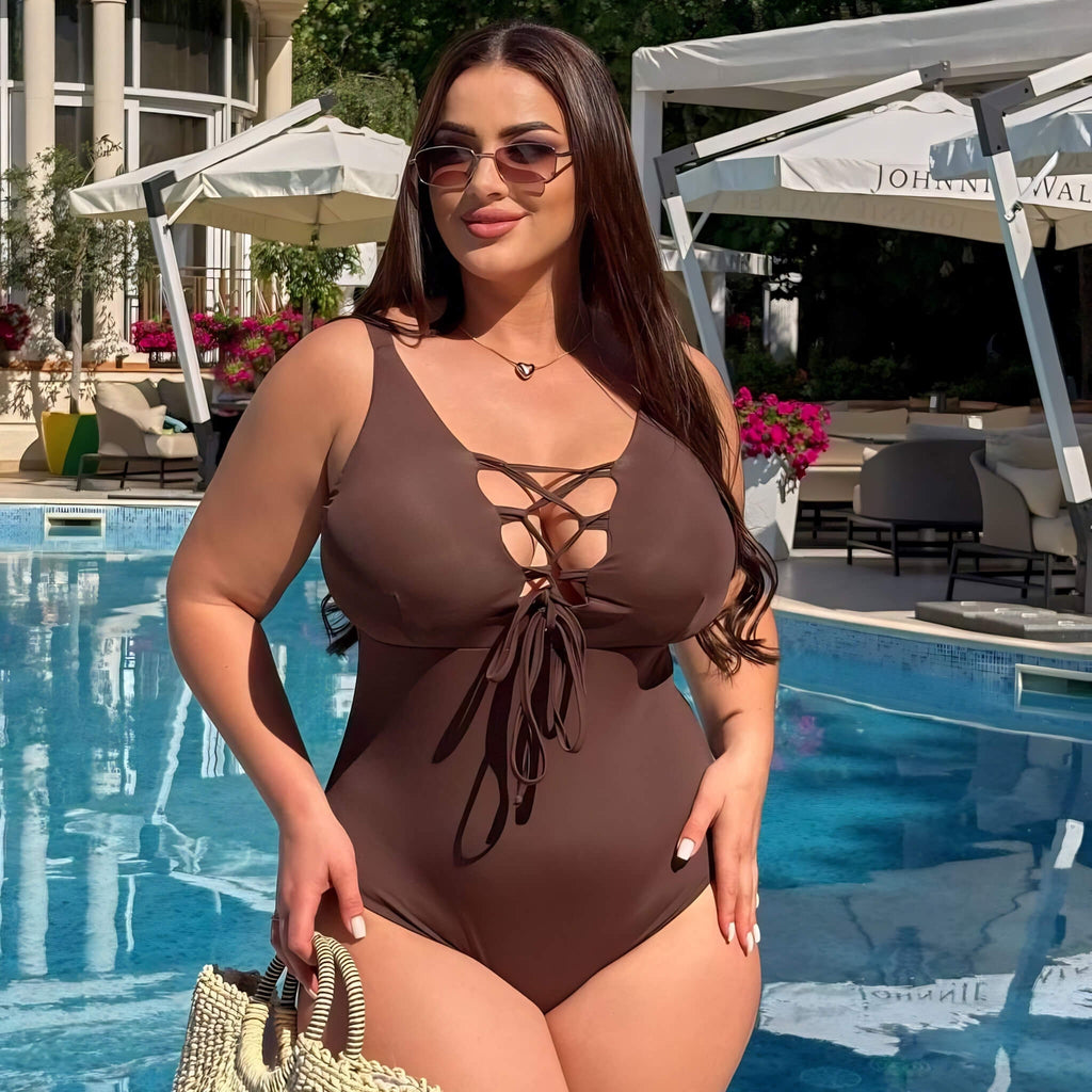Plus size one-piece swimsuit in brown, front view on model — sharm