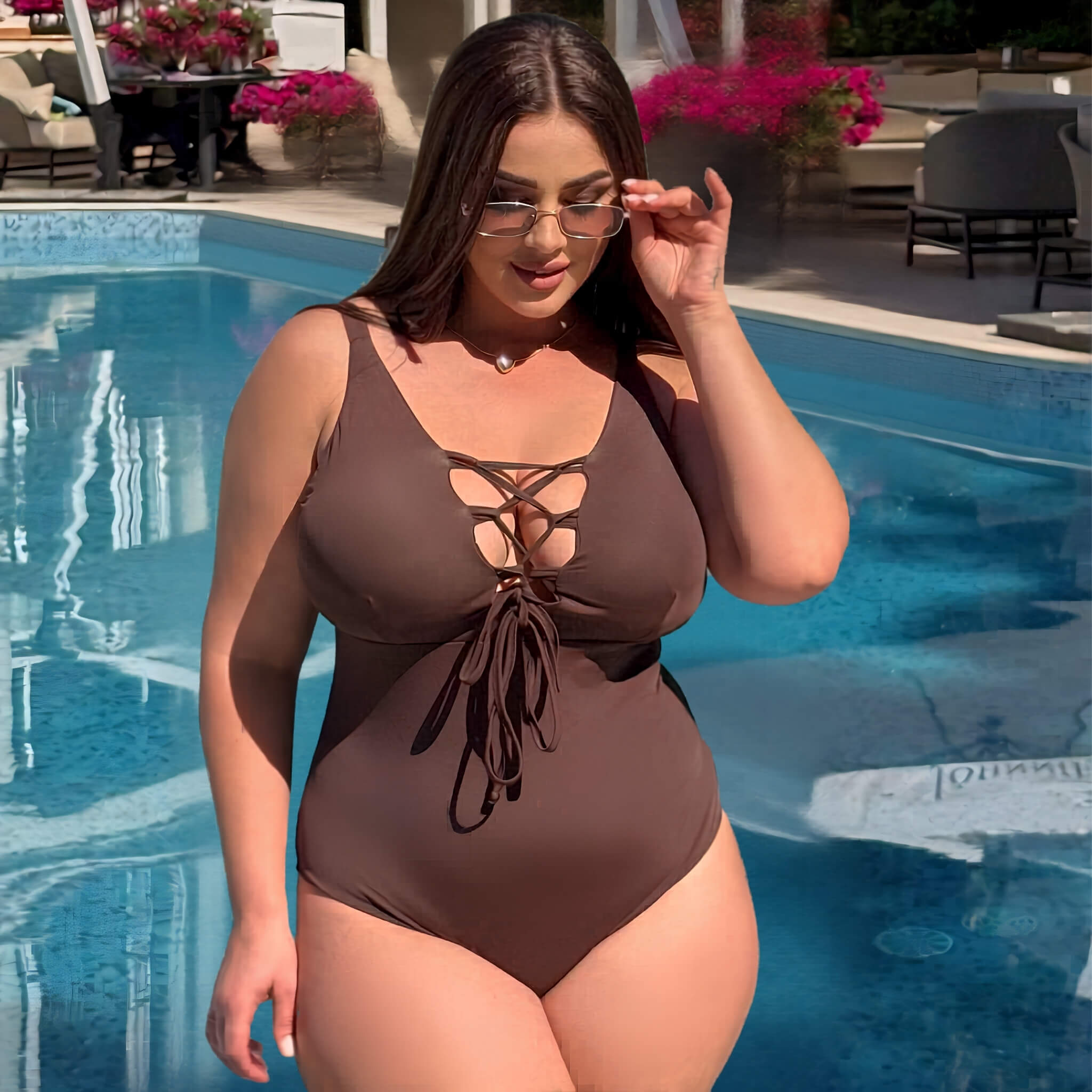 Plus size one-piece swimsuit in chocolate, three-quarter view — sharm