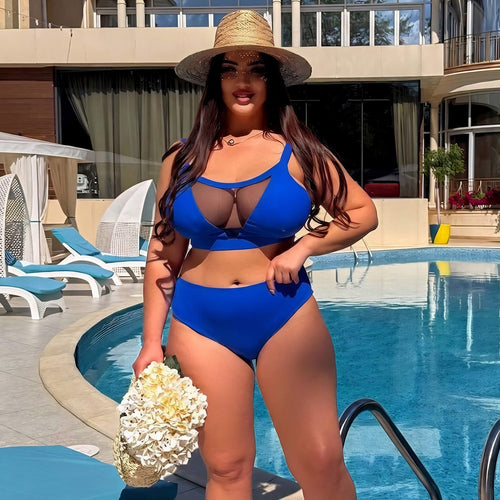 Plus size swimsuit in blue at poolside, three-quarter view — sharm