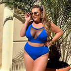  Plus size two-piece swimsuit in blue with V-mesh neckline, front view on model — sharm