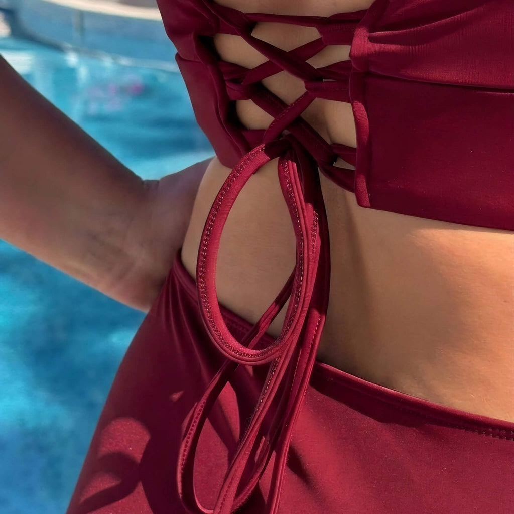 Plus size swimsuit in burgundy, back view detail — sharm