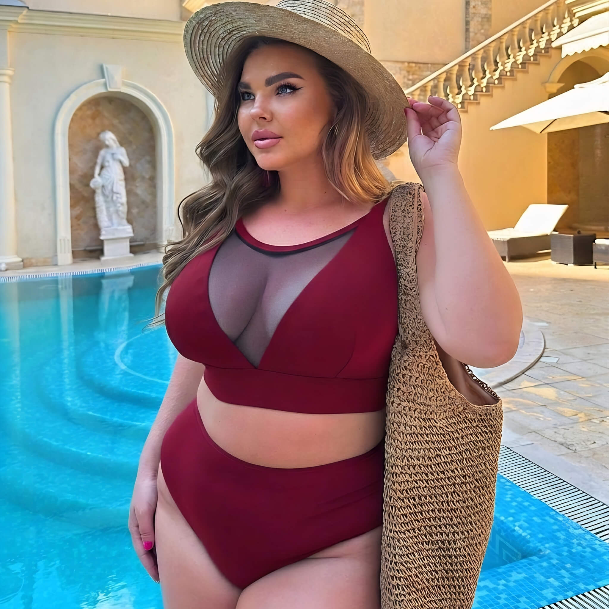 Plus size swimsuit in burgundy, front view on model — sharm