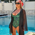 Plus size beach cover-up styled with green one-piece swimsuit — sharm