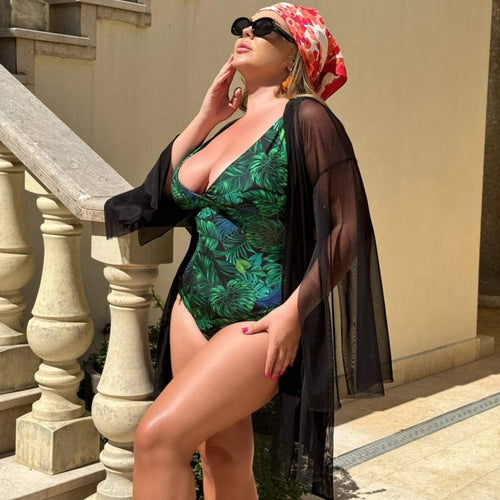 Plus size beach kimono in black, full body on model — sharm