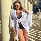 Plus size sheer beach kimono in white, full body view — sharm